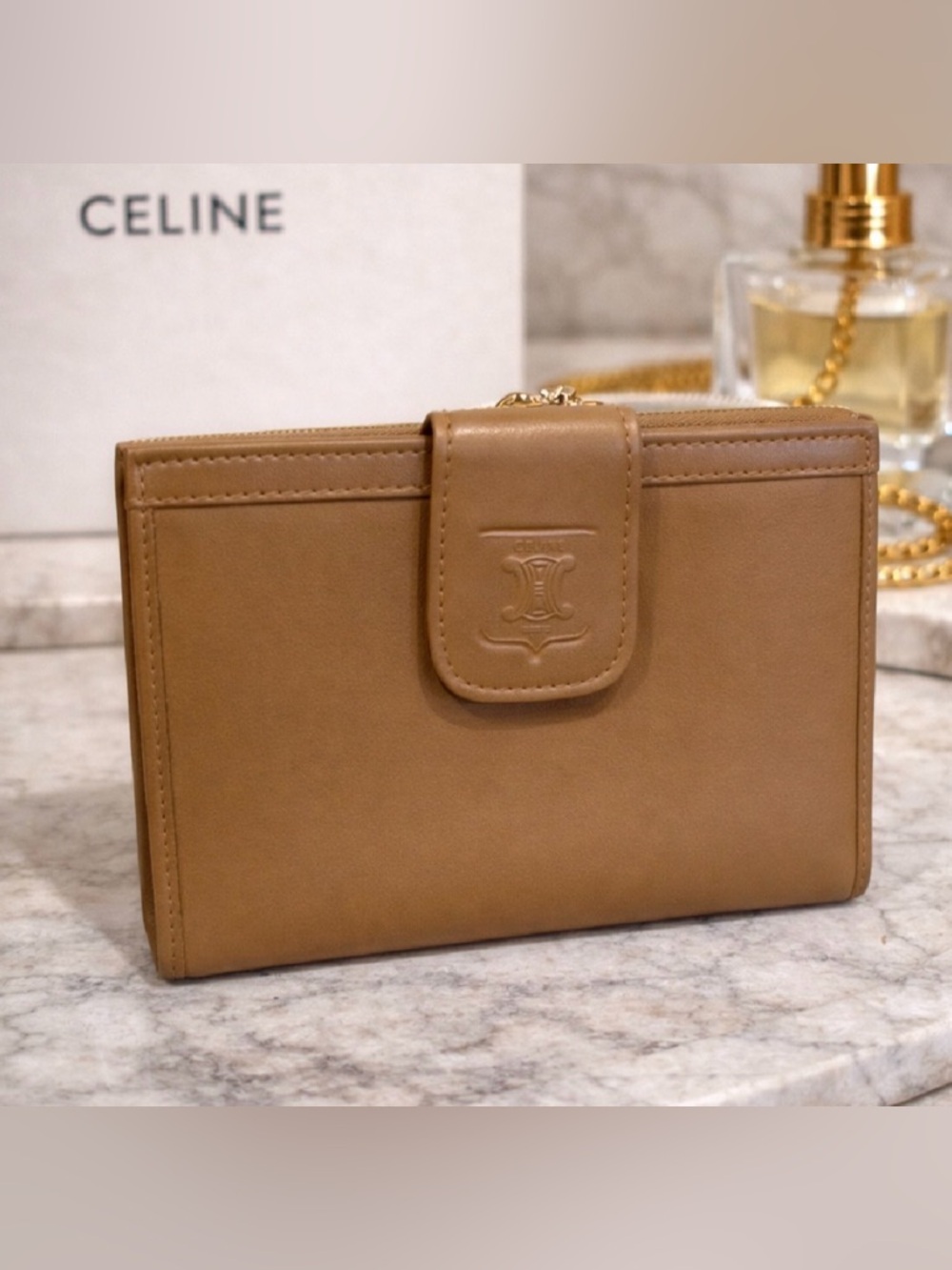 Celine Triomphe Leather Wallet – Tan